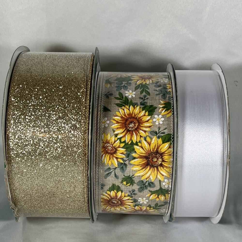 Lot of 3 Ribbon Kirkland White Sunflower Gold Glitter Christmas Everyday 150 Yds
